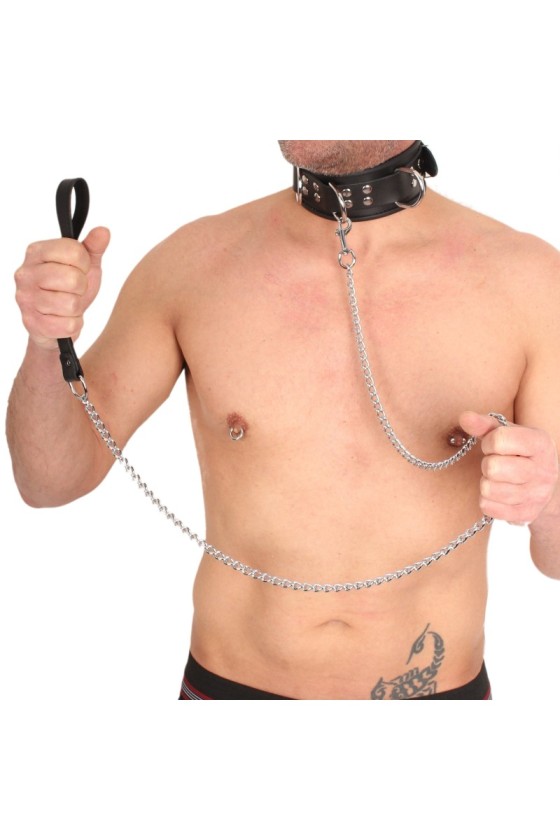 Laisse en cuir avec Chaîne en métal 1m