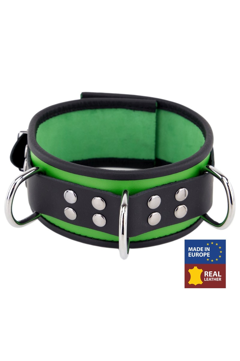 Collier en cuir 3 Anneaux D Vert-Noir