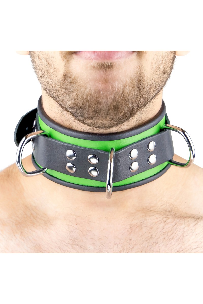 Collier en cuir 3 Anneaux D Vert-Noir