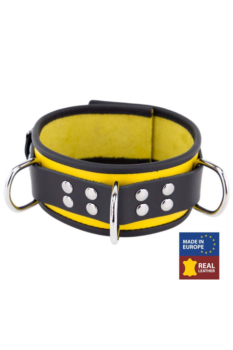 Collier en cuir 3 Anneaux D Jaune-Noir