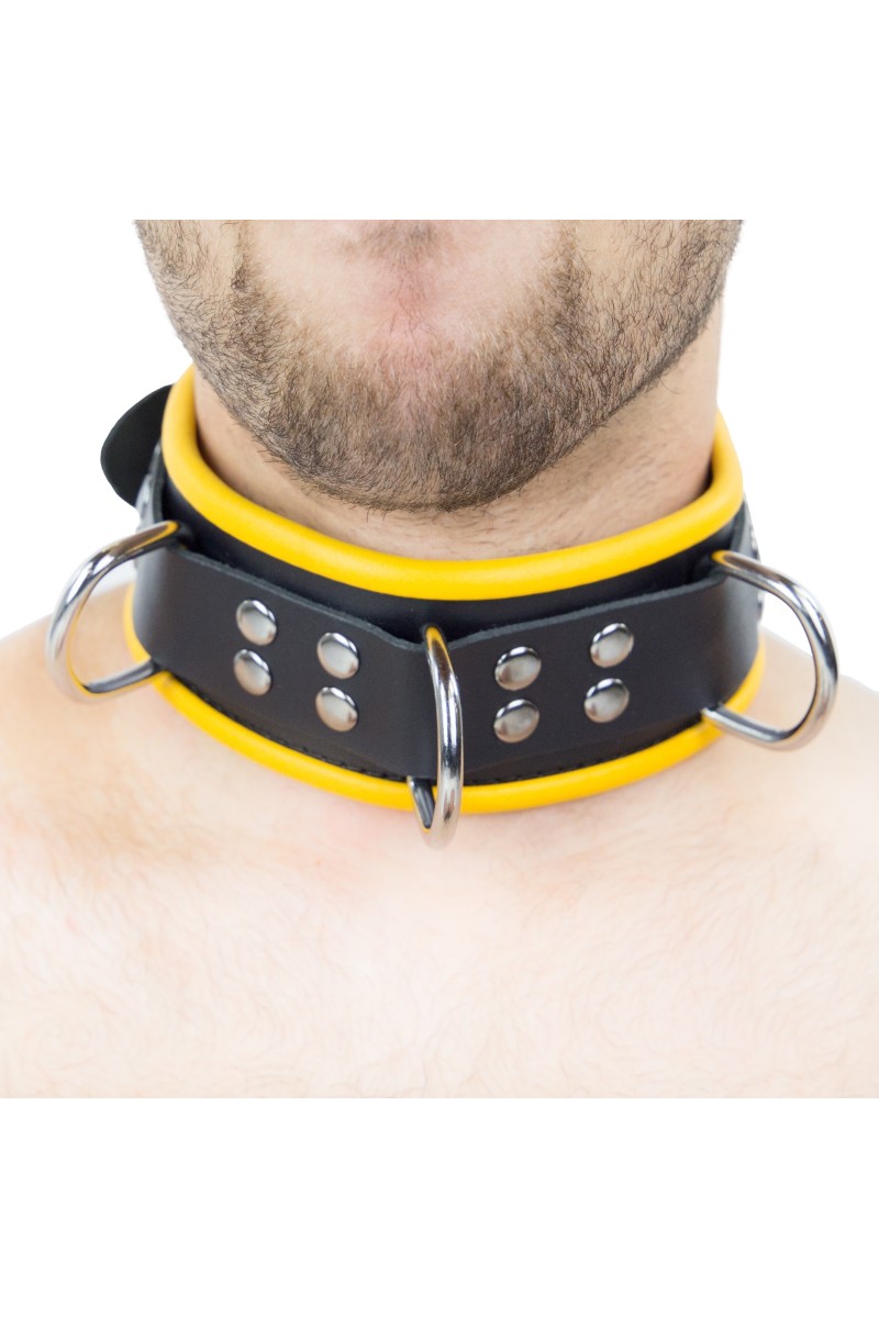 Collier en cuir - 3 anneaux D - Noir/ Jaune