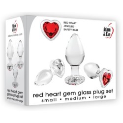 Lot de 3 Plugs Bijou en verre Heart Gem Rouge