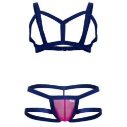 Ensemble Thong et harnais Aghai Bleu-Rose Taille L/XL