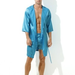 Taille L  -  Peignoir effet satiné Long Slit Bleu Turquoise