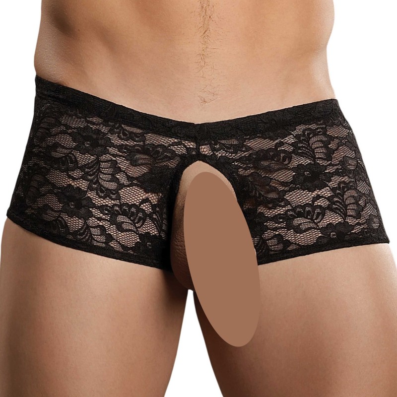 Taille S/M  -  Boxer Bottomless en dentelle Crocthless Noir
