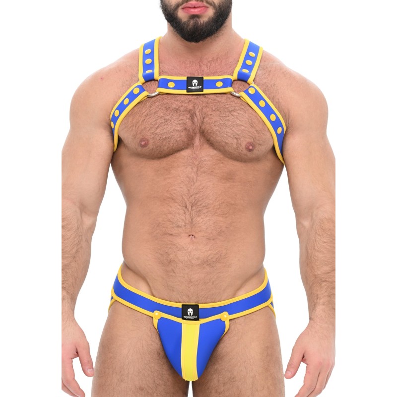 Taille L/XL  -  Ensemble Harnais et Jock Néoprène POSEIDONE Bleu-Jaune